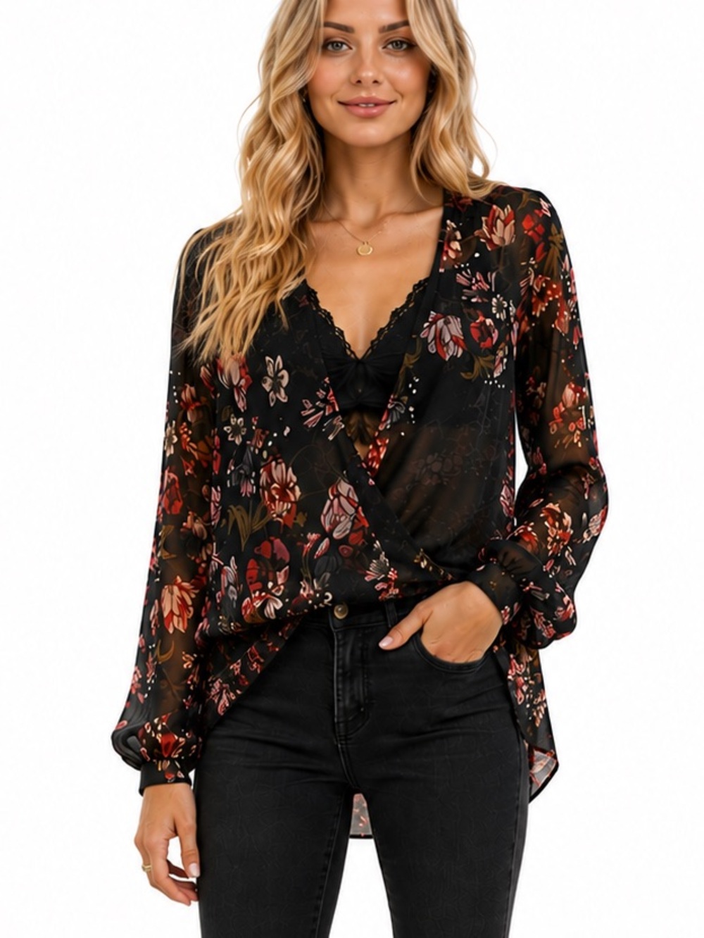 KUT from the Kloth black Floral faux Wrap Blouse top Sz S semi sheer chiffon